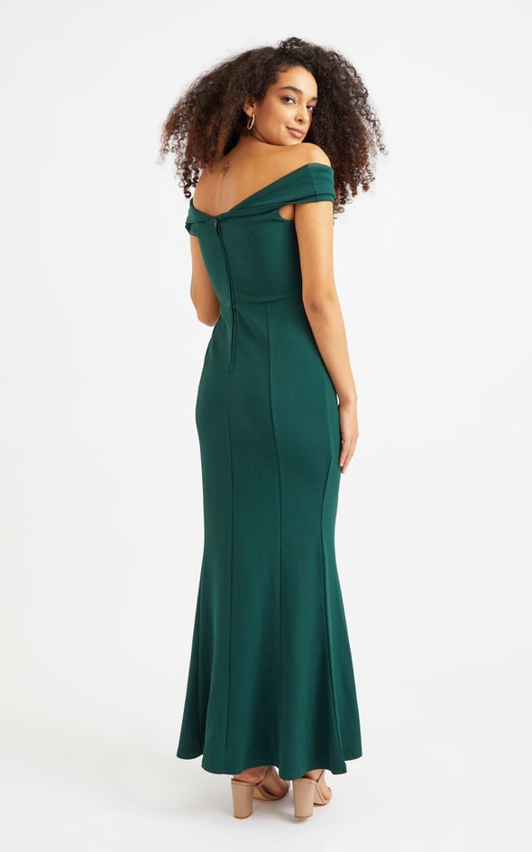 Textured Scuba Off Shoulder Twist Gown Emerald