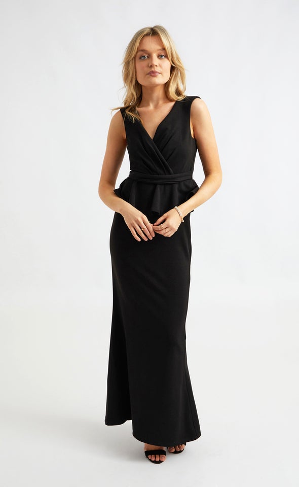 Textured Scuba Peplum Waist Gown Black