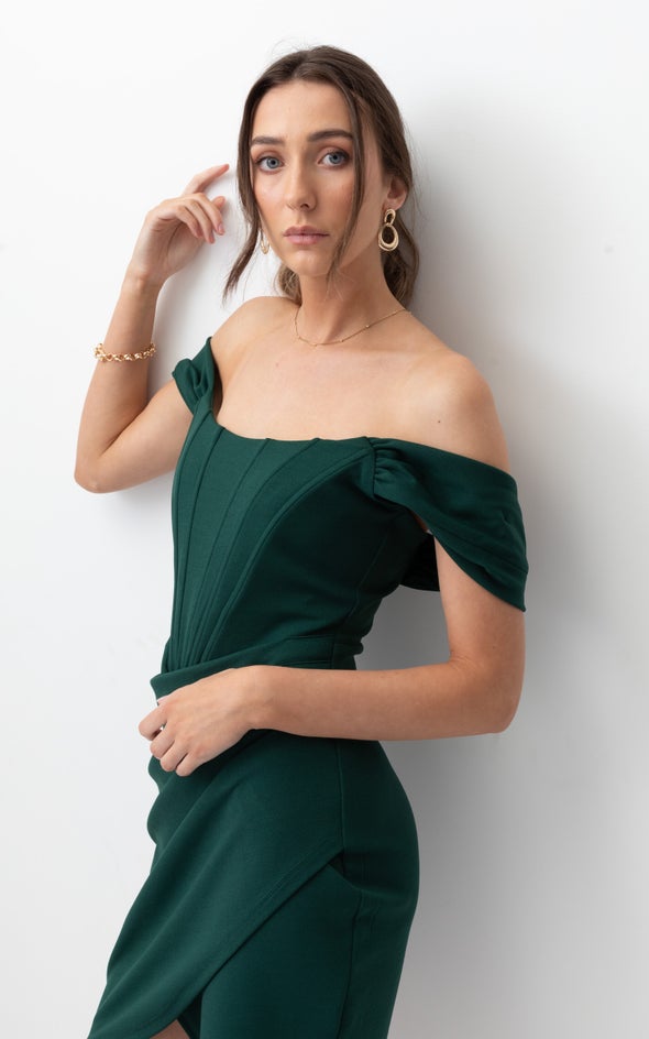 Textured Scuba Pleated Corset Dress Emerald