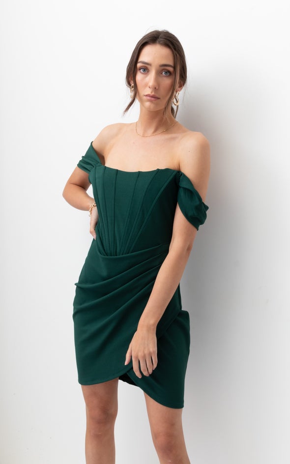 Textured Scuba Pleated Corset Dress Emerald