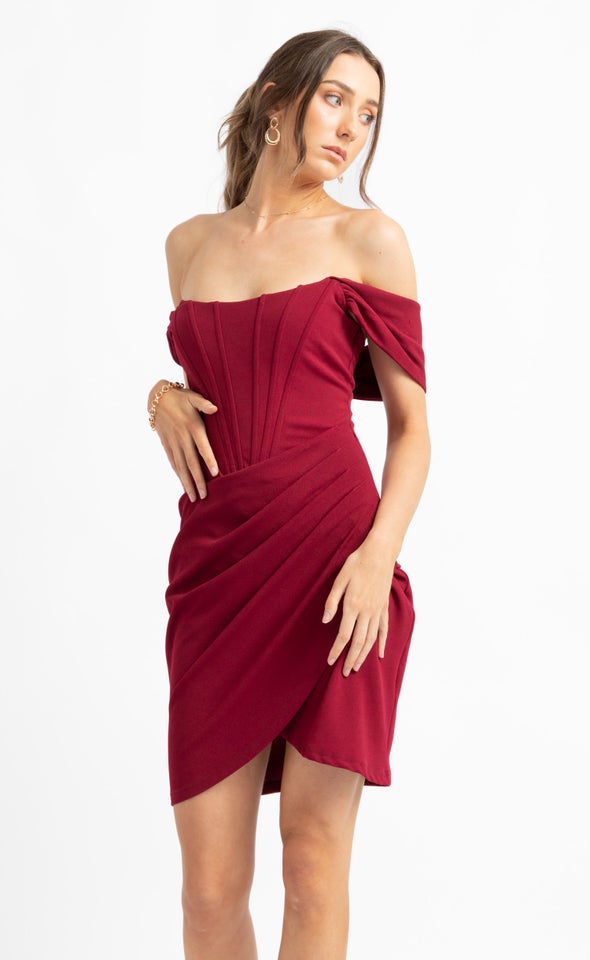 Textured Scuba Pleated Corset Dress Maroon