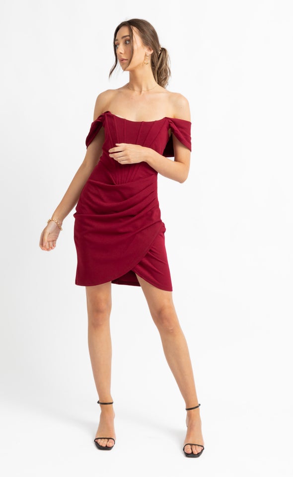 Textured Scuba Pleated Corset Dress Maroon