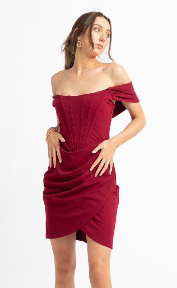 Textured Scuba Pleated Corset Dress Maroon
