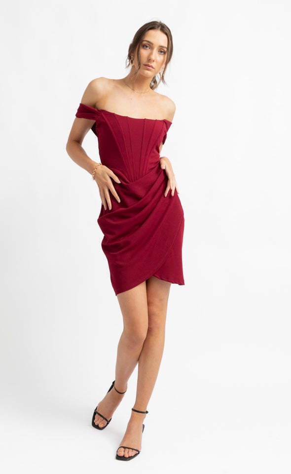 Textured Scuba Pleated Corset Dress Maroon