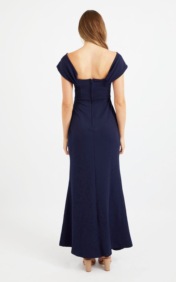 Textured Scuba Pleated Corset Gown Navy