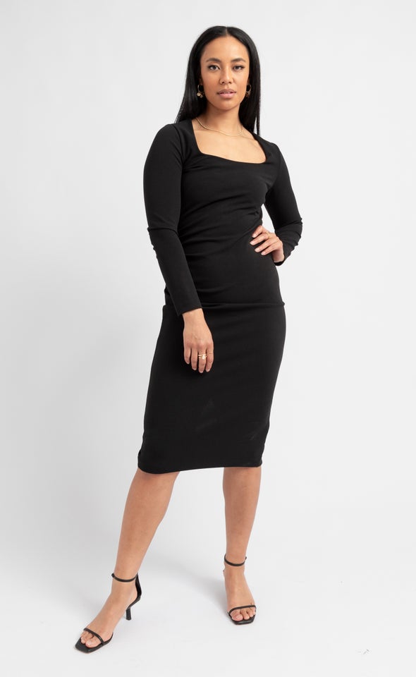 Textured Scuba Square Neck Dress Black