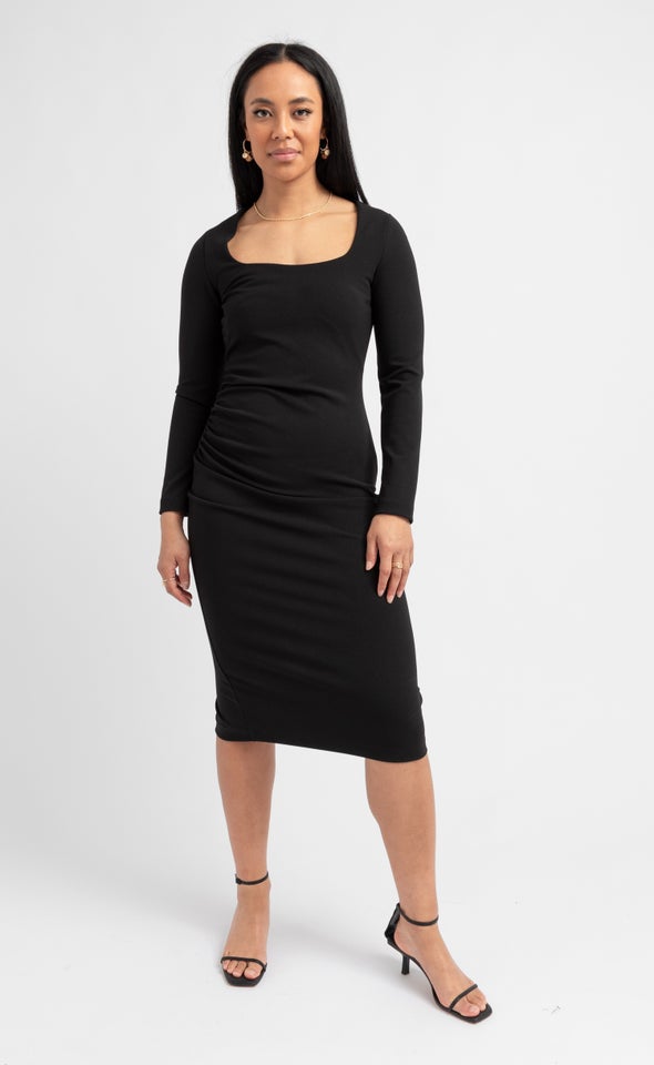 Textured Scuba Square Neck Dress Black