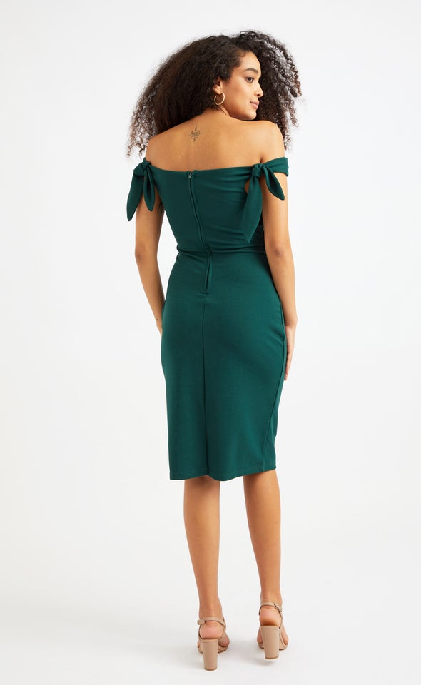 Textured Scuba Tie Shoulder Dress Emerald