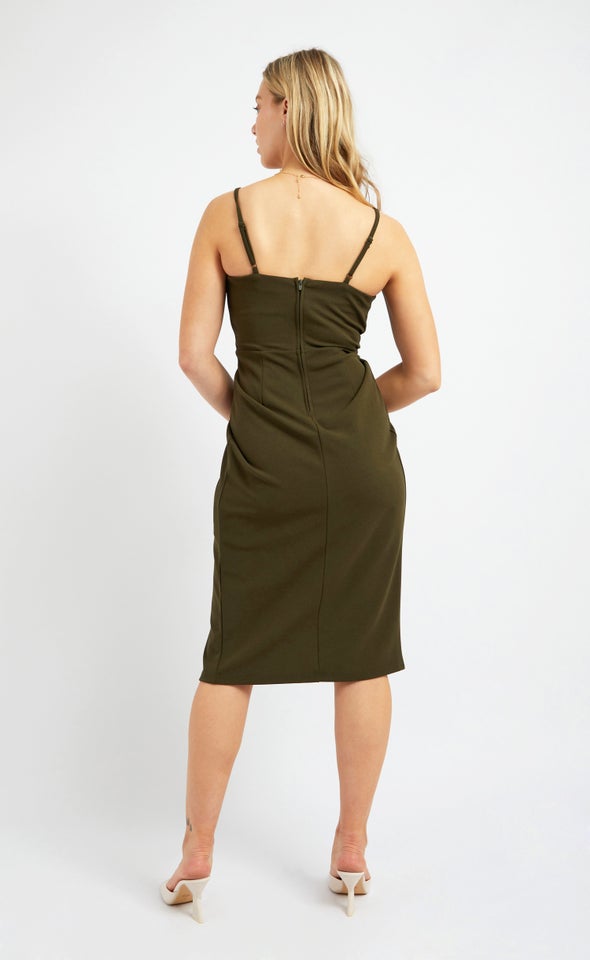 Textured Scuba Twist Detail Dress Khaki