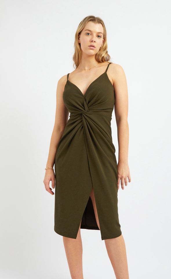Textured Scuba Twist Detail Dress Khaki