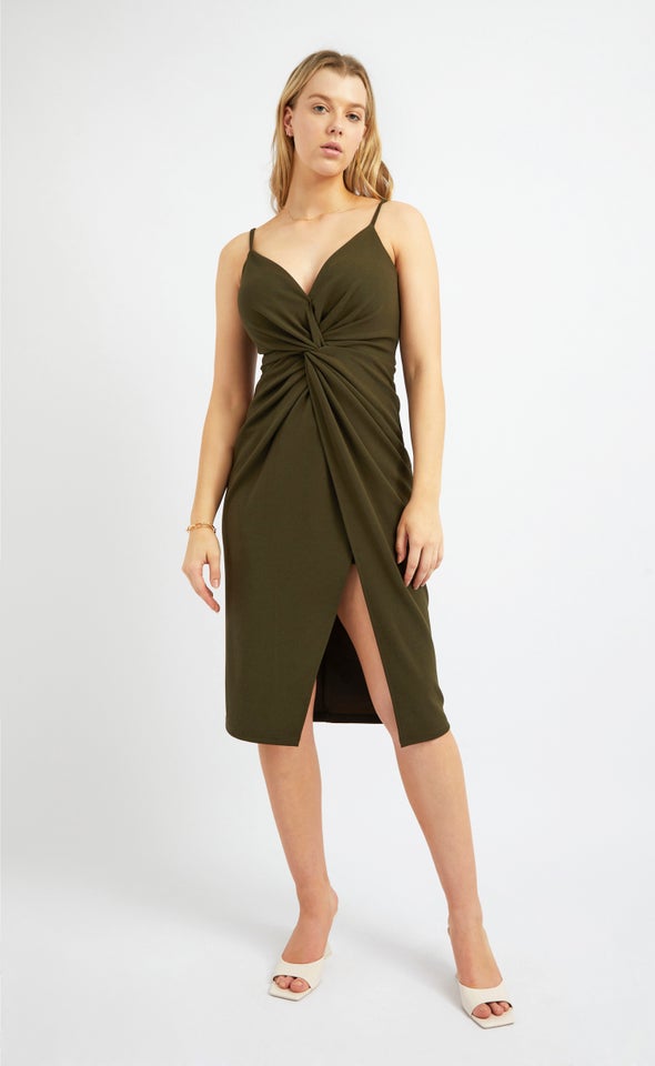 Textured Scuba Twist Detail Dress Khaki