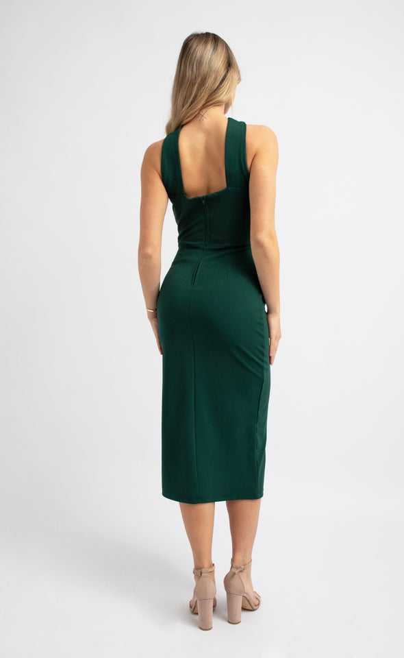Textured Scuba Twist Halter Dress Emerald