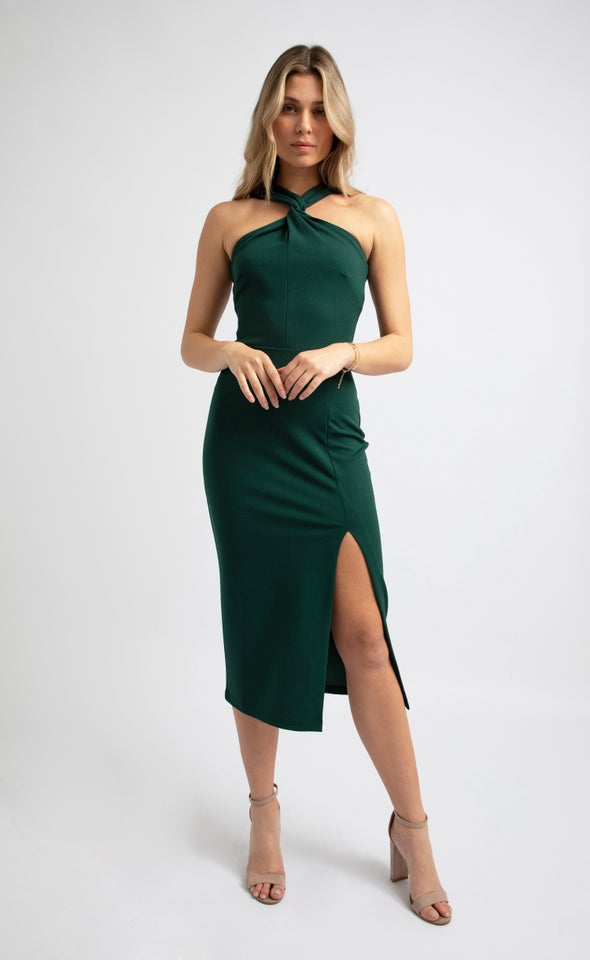 Textured Scuba Twist Halter Dress Emerald