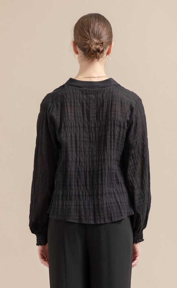 Textured Shirred Cuff Shirt Black