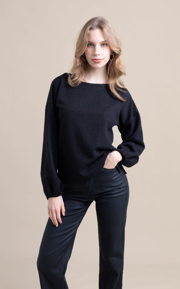 Textured Sweatshirting LS Top Black