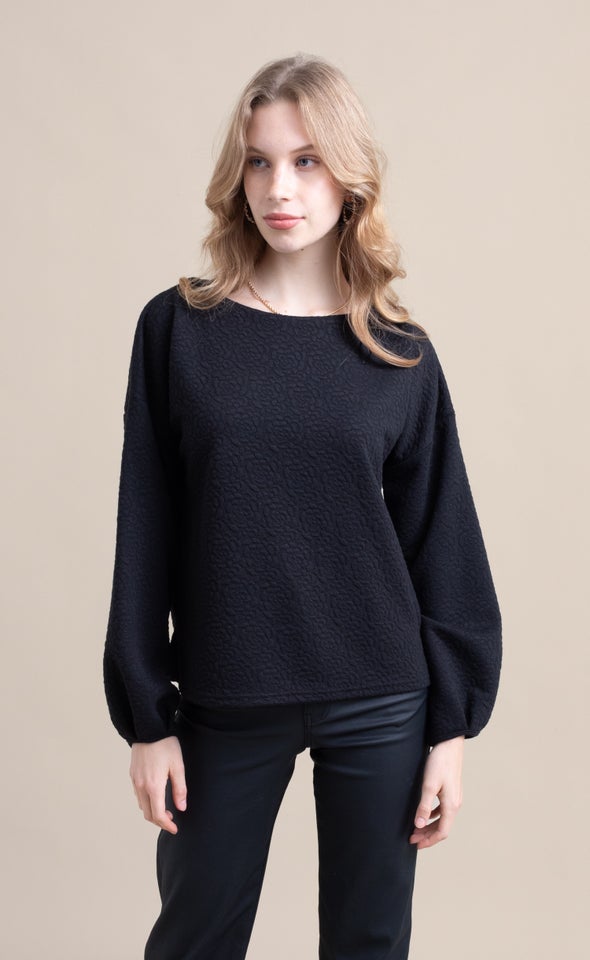 Textured Sweatshirting LS Top Black