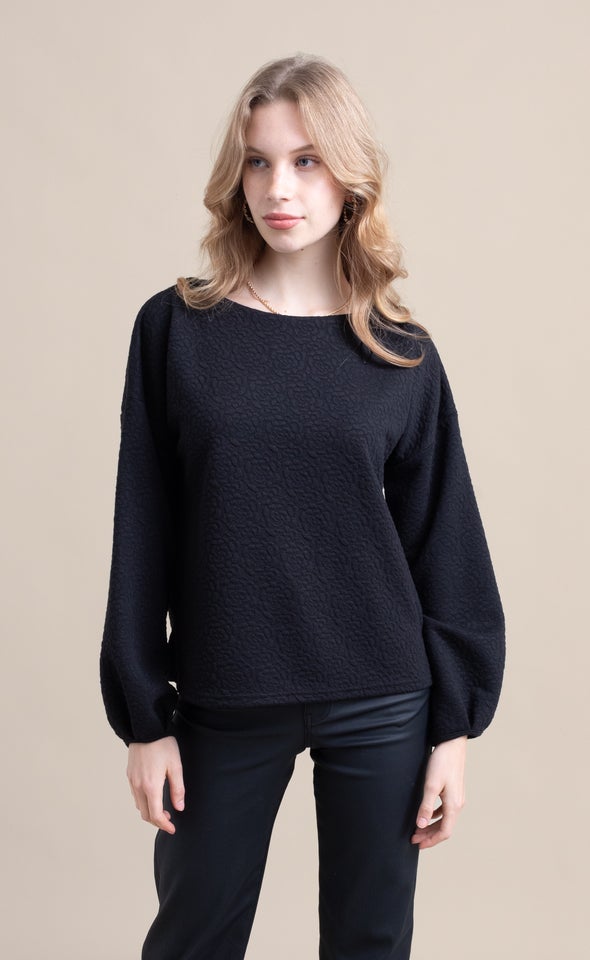 Textured Sweatshirting LS Top Black