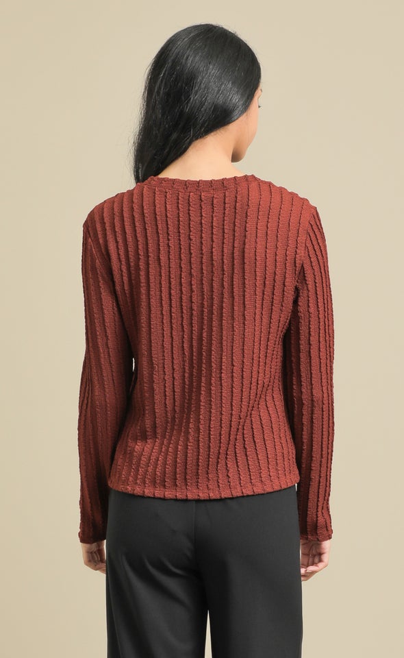 Texured Knit Round Neck Top Rust