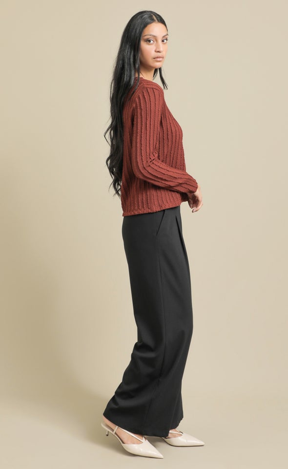Texured Knit Round Neck Top Rust