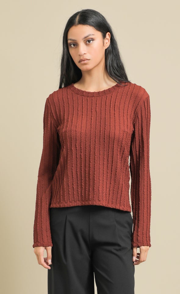 Texured Knit Round Neck Top Rust