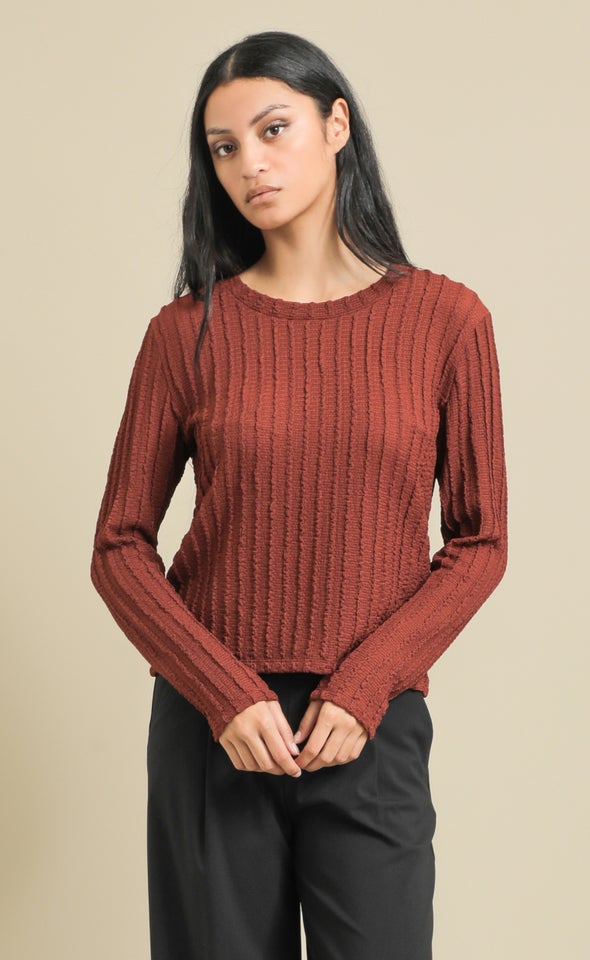 Texured Knit Round Neck Top Rust