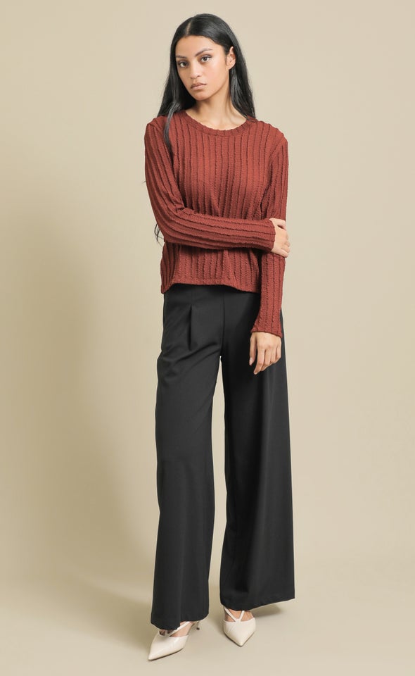 Texured Knit Round Neck Top Rust