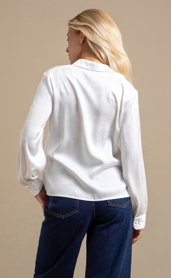 Tie Detail Button Up LS Shirt White