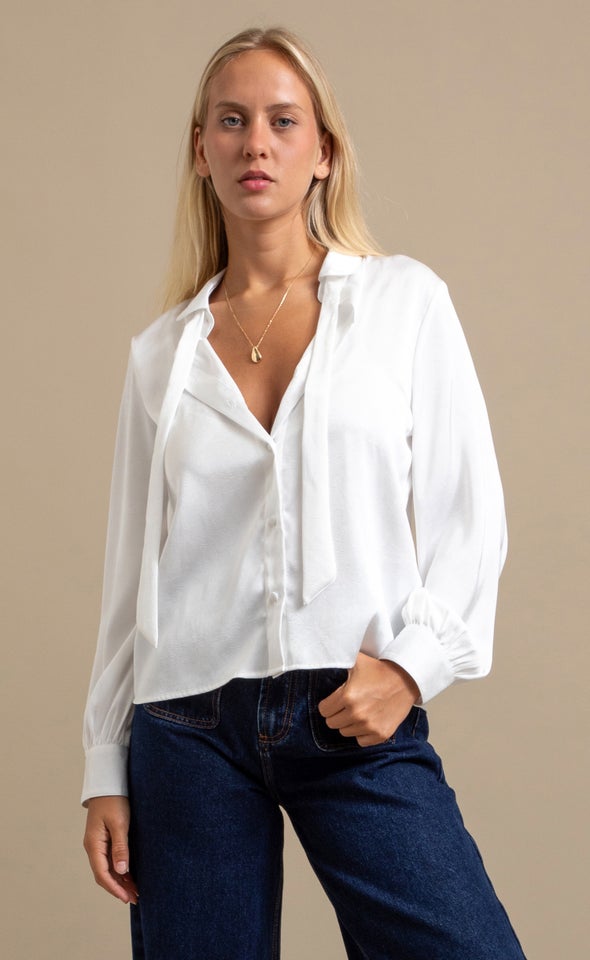Tie Detail Button Up LS Shirt White
