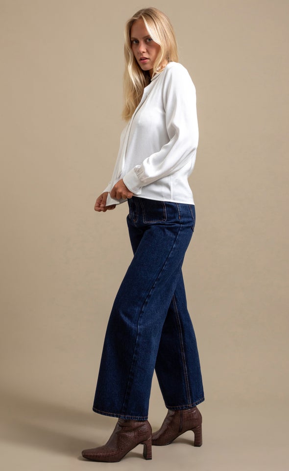 Tie Detail Button Up LS Shirt White