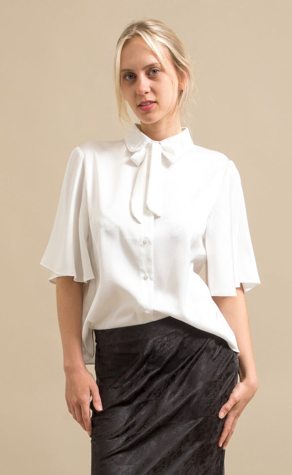 Tie Detail Button Up Shirt Cream