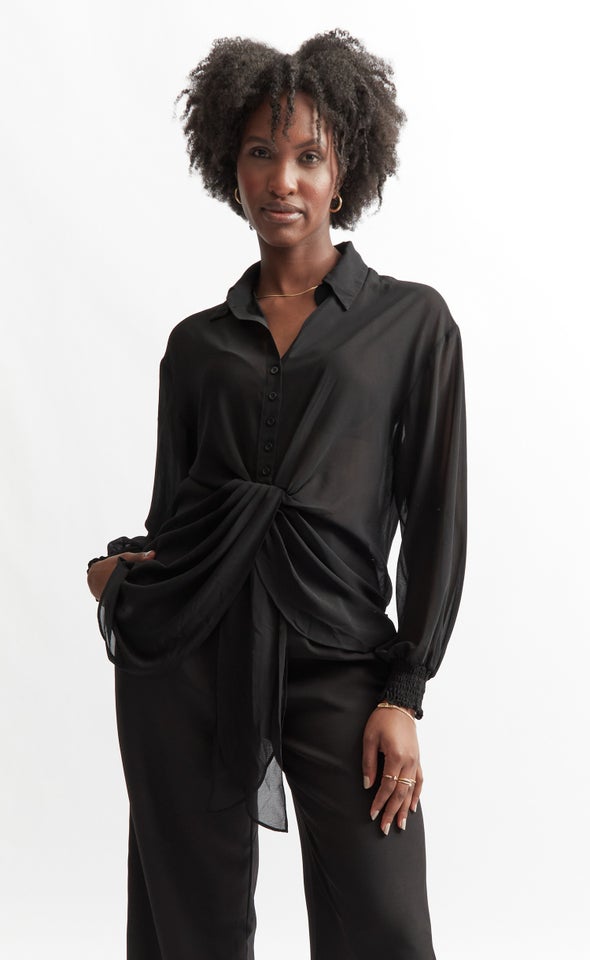 Tie Front Longline Shirt Black