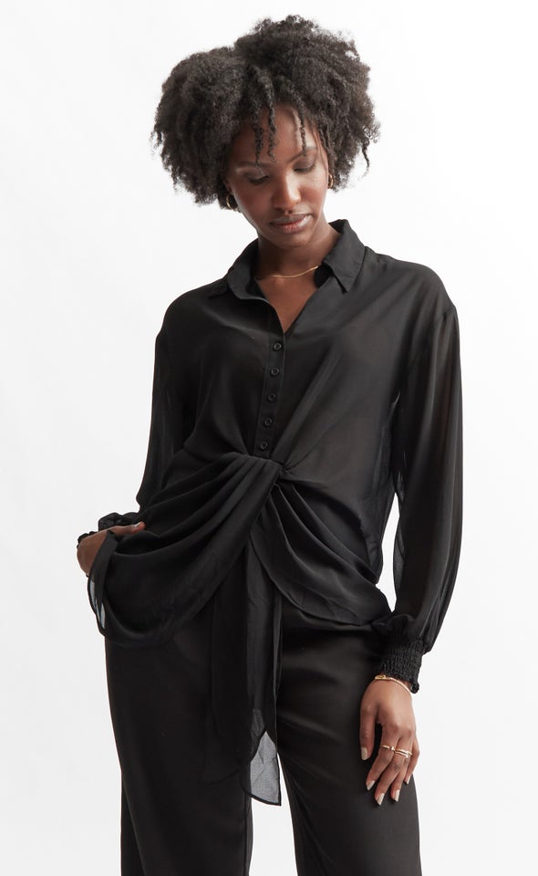 Tie Front Longline Shirt Black
