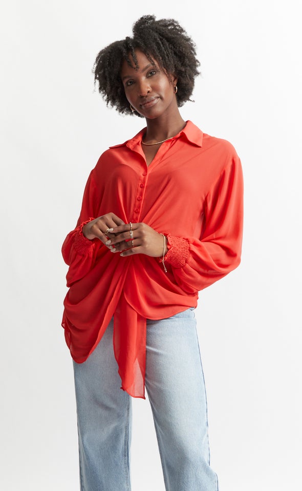 Tie Front Longline Shirt Guava