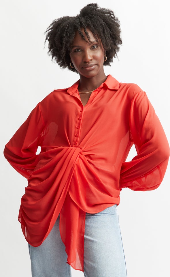 Tie Front Longline Shirt Guava