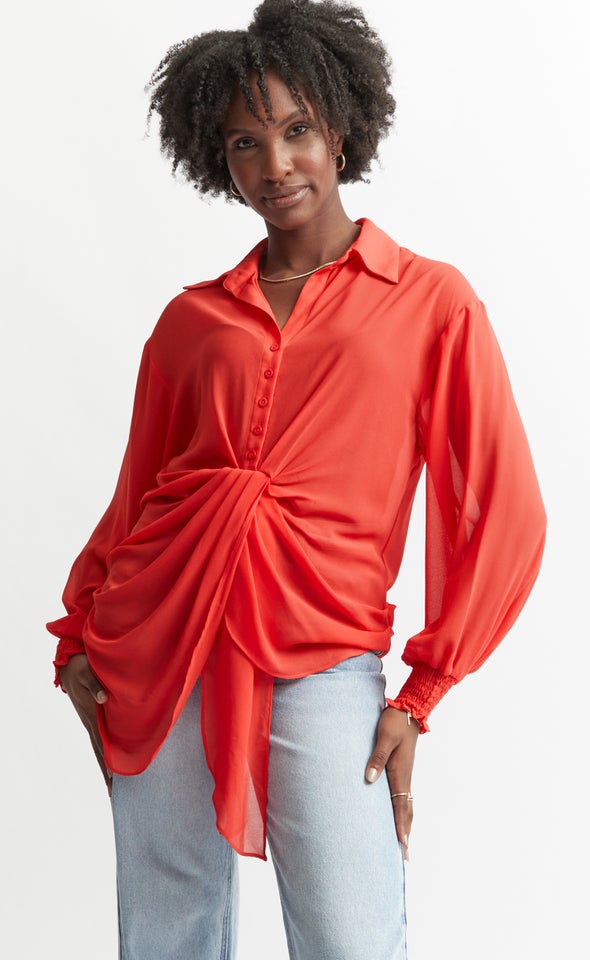 Tie Front Longline Shirt Guava