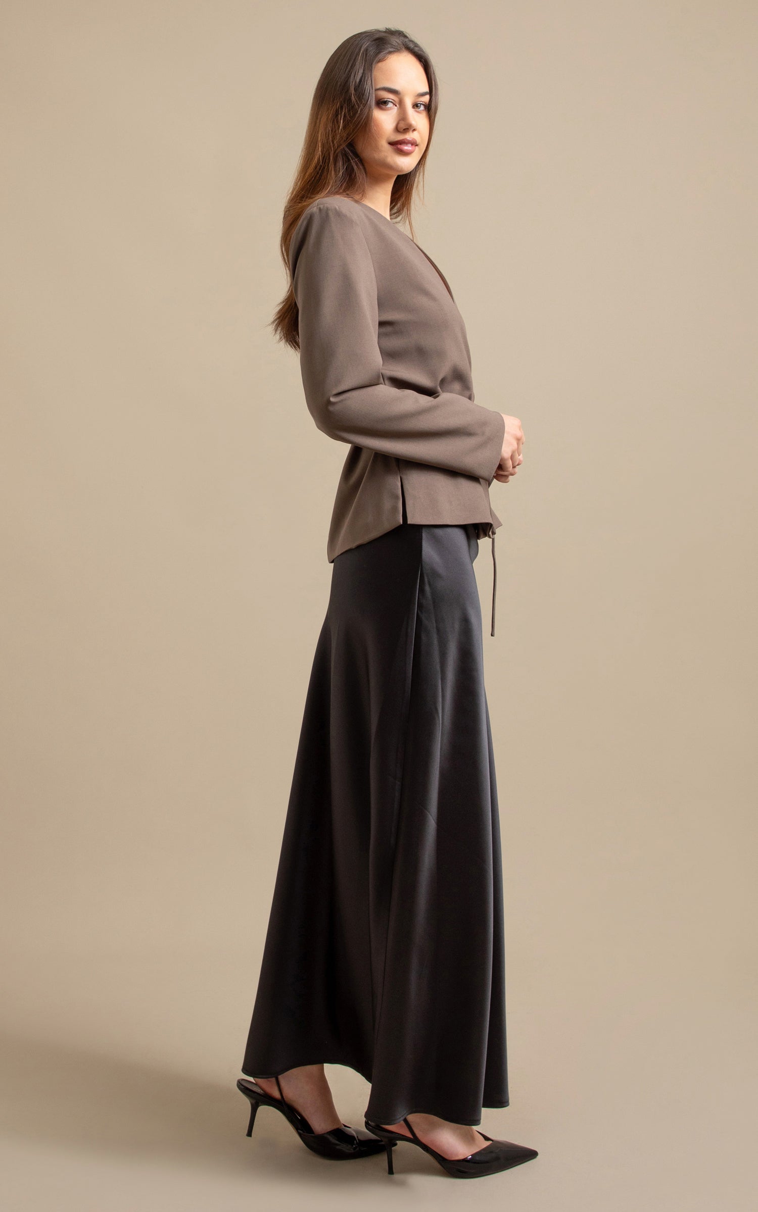 brown tie waist blazer