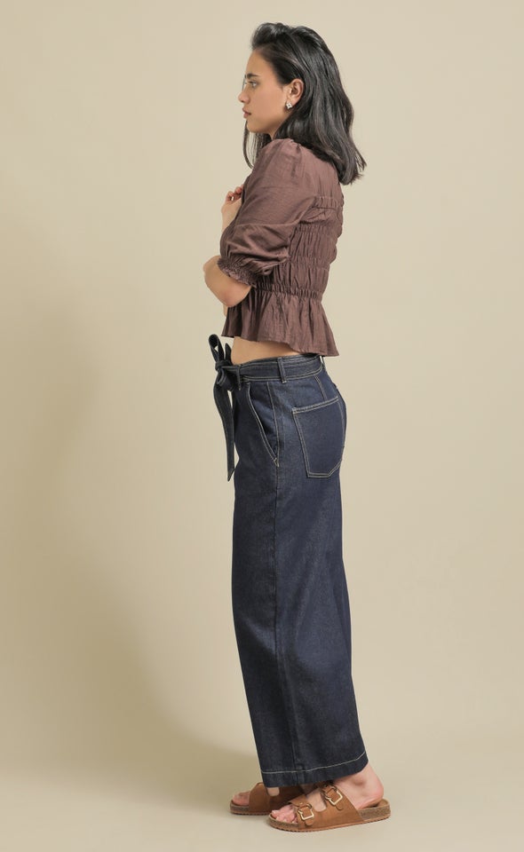 Tie Waist Detail Cropped Jean Indigo