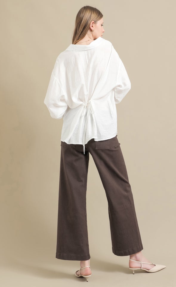 Tie Waist Linen Look Shirt White