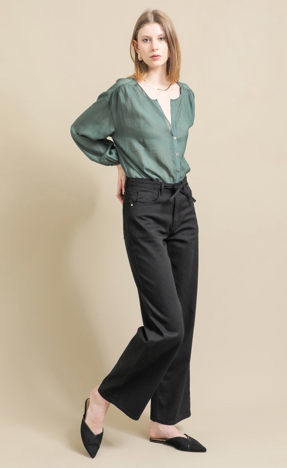 Tie Waist Wide Leg Jeans Black