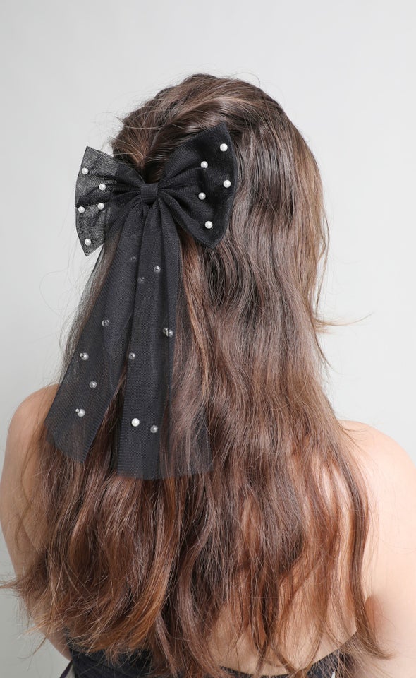 Tulle Pearl Bow Black