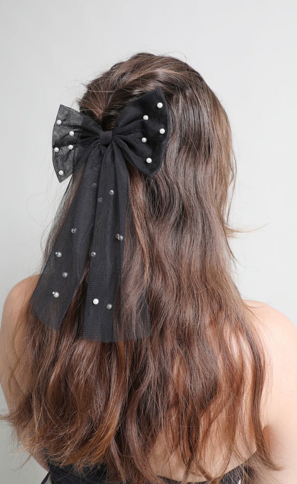 Tulle Pearl Bow Black
