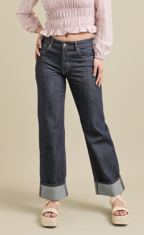Turn-Up Cuff Wide Leg Jean Dark Wash