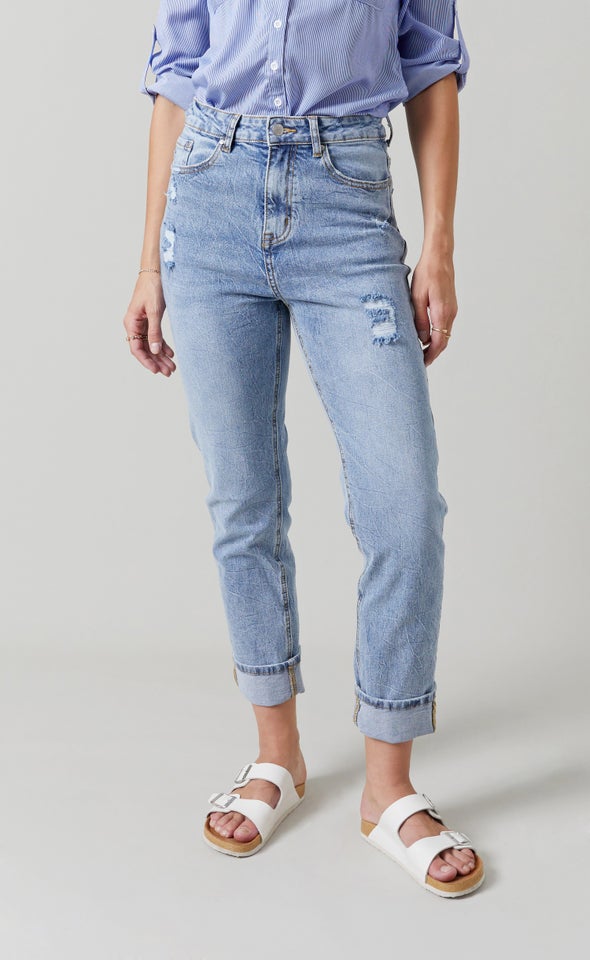 Turned Up Cuff Mom Jeans Blue
