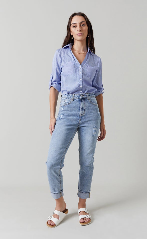 Turned Up Cuff Mom Jeans Blue