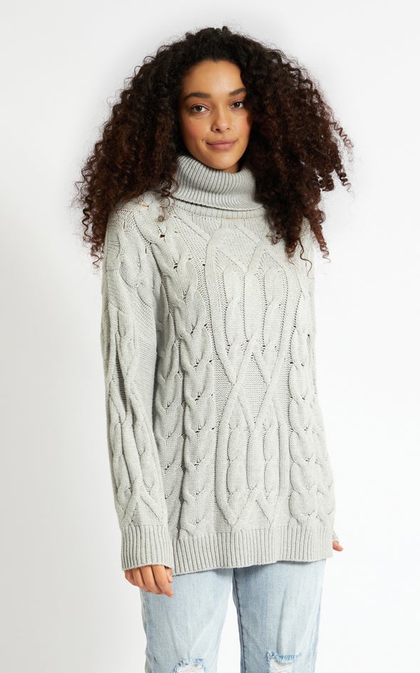Turtle Neck Soft Cable Knit Sweater Grey Marle