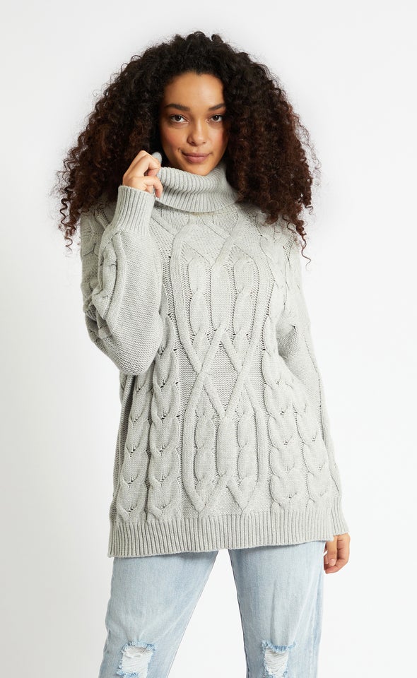 Turtle Neck Soft Cable Knit Sweater Grey Marle