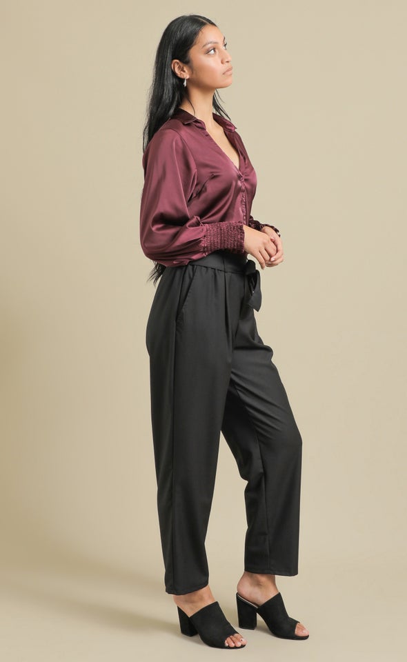 Twill Tie Waist Relaxed Pants Charcoal