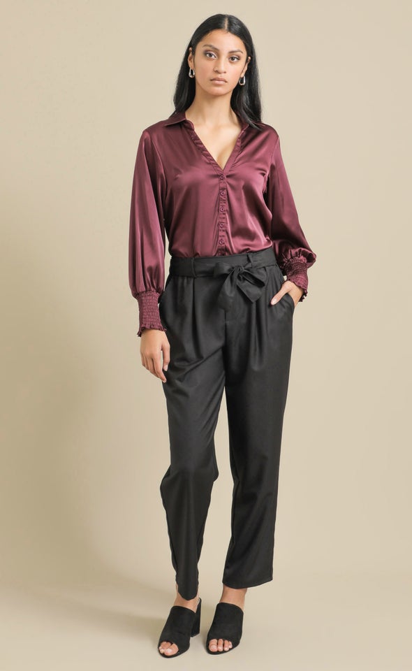 Twill Tie Waist Relaxed Pants Charcoal