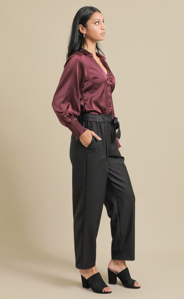 Twill Tie Waist Relaxed Pants Charcoal