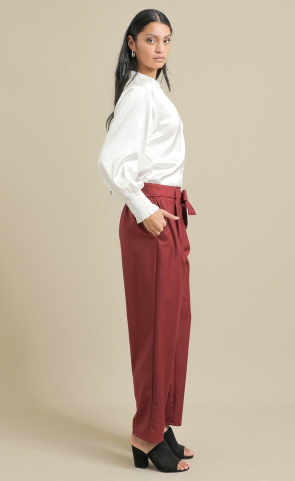 Twill Tie Waist Relaxed Pants Maroon
